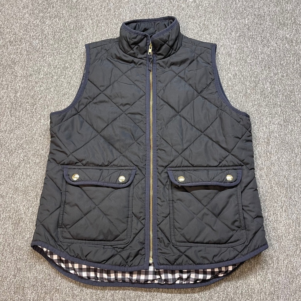 J. Crew Quilted Puffer Vest Black Gingham Lined Zip Front‎ Women's Size S